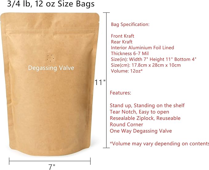 12oz Coffee Bags 100 Pieces - High Barrier Natural Kraft Paper Stand up Ziplock Pouches Bags with Valve & Zipper (100 Pcs, 12 Ounce/340 Gram/0.75 lb)