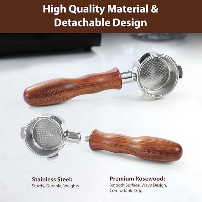 VOURMIO 54mm Bottomless Portafilter - Breville Compatible Naked Portafilter, Rosewood Handle & 18-20g Filter Basket & Puck Screen Included, Fits Barista Express, Pro, Touch, Bambino Plus, Infuser