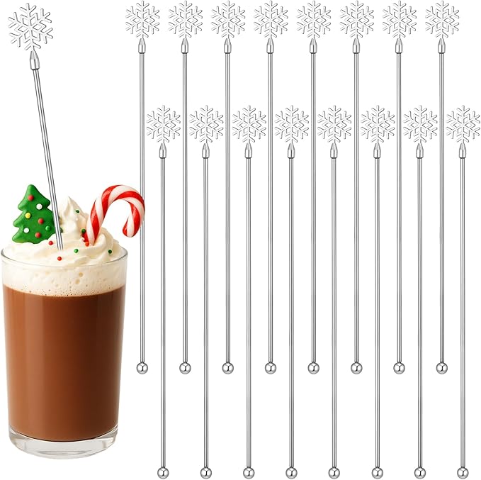 20 Pack Winter Snowflake Drink Stirrers Hot Cocoa Bar Chocolate Supplies Cocktail Stir Sticks Metal Swizzle Sticks 7.9 Inch Snowflake Coffee Stirrers Reusable for Winter Party Decor