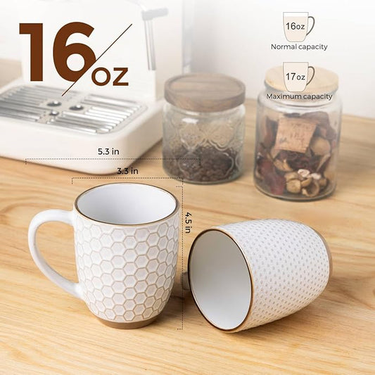 GBhome Large Coffee Mugs Set of 4, 16oz Handmade Embossed Coffee Mugs Set with Large Handle for Cappuccino/Latte/Tea/Hot Cocoa, Dishwasher & Microwave Safe, Off White