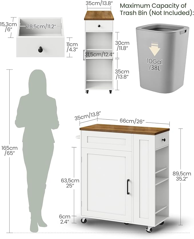 Kitchen Island Cart with Storage, Kitchen Cabinet, Mobile Kitchen Island, Storage Trolley for Kitchen with Hidden Trash Bin Cabinet, for Dining Room, White and Walnut MZD06WL