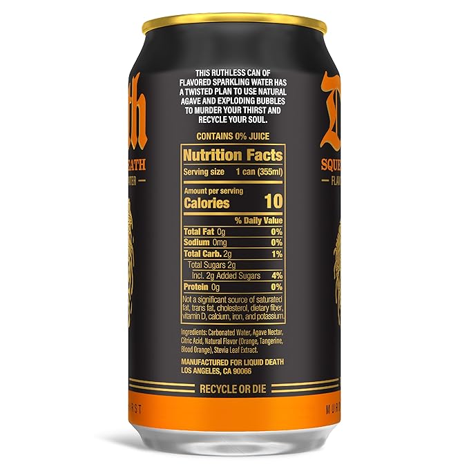 Liquid Death Soda-Flavored Sparkling Water - Squeezed To Death (Classic Orange Soda), Less Sugar*, Huge Flavor, No Caffeine, No Artificial Sweeteners, 12 Fl Oz (Pack of 12)