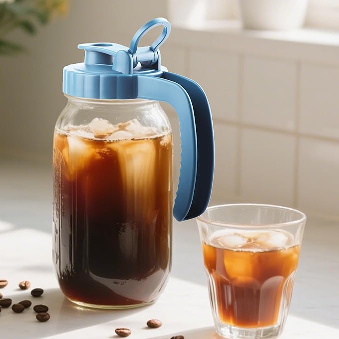 Mason Jar Pitcher With Stainless Steel Filter 64 OZ 2 Pack Wide Mouth Cold Brew Coffee Maker 2 Quart Glass water pitcher with lid Half Gallon Cold hot Tea maker For Lemonade Milk Juice Refrigerator