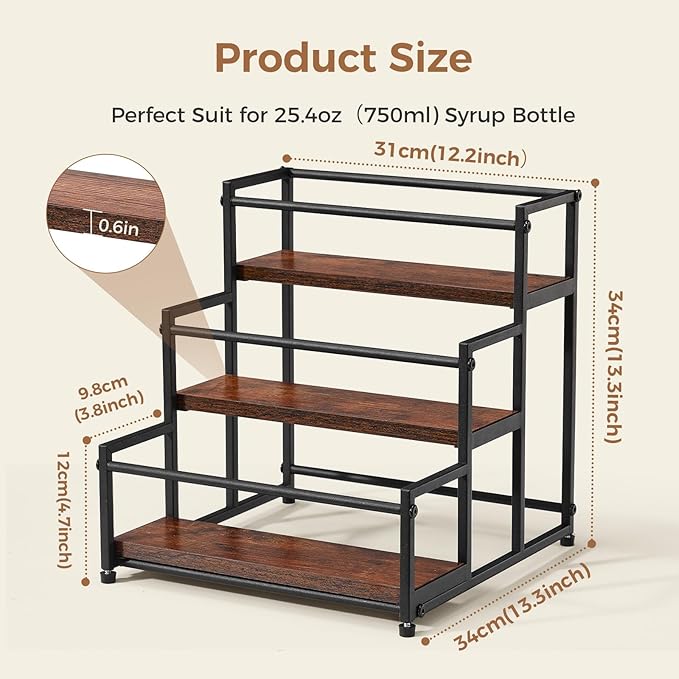 ICOHOT Coffee Syrup Rack Organizer, 3-Tier 12 Syrup Bottles Holder Stand for Coffee Bar, Liquor Bottle Display Shelf Bar Shelf Stand Countertop Rack for Syrup, Wine, Spice
