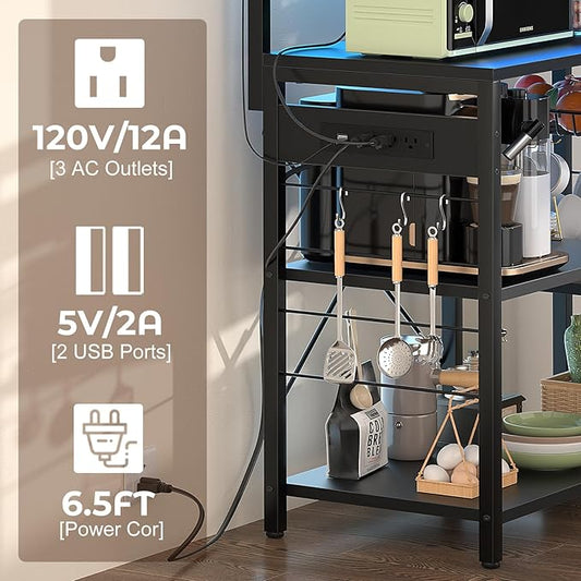 Aheaplus Bakers Rack with Power Outlet and LED light strings, Microwave Oven Stand Kitchen Storage Shelf with Wire Basket, Coffee Bar Station Island table with 10 hooks for Spices, Pots, Pans, Black