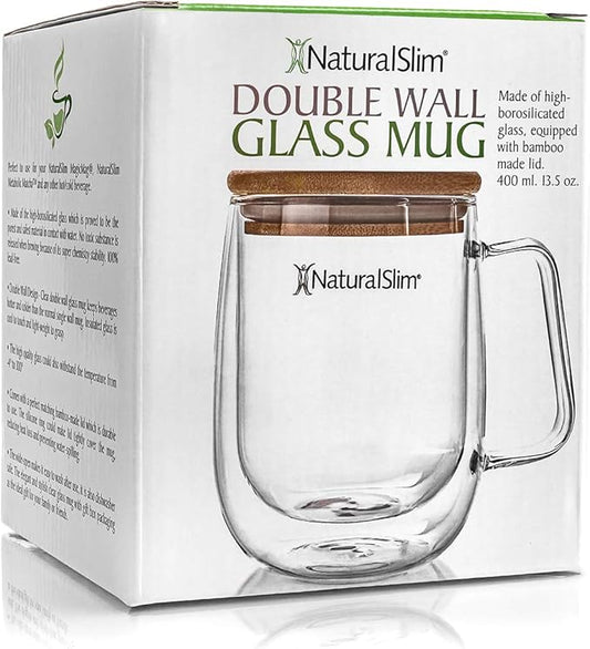 NaturalSlim Double Wall Glass Coffee Mug w/Handle - Insulated Transparent Tea Mugs for Hot & Cold Beverages - Borosilicate Clear Drinking Cup w/Bamboo Made Lid - 400 ml. 13.5 oz.