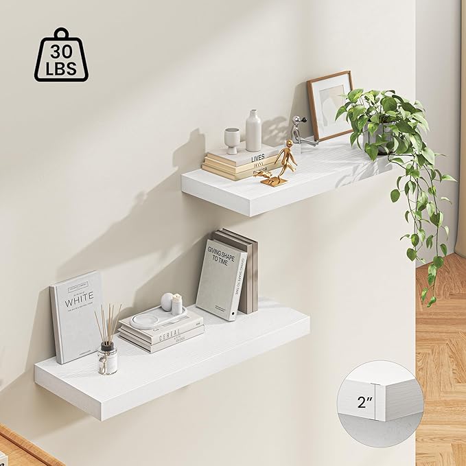 Dreamland 36" Floating Shelves for Wall, 12" Deep Thicker White Floating Shelves, Wall-Mounted Shelves for Bedroom, Living Room, Kitchen, Bathroom - Set of 2