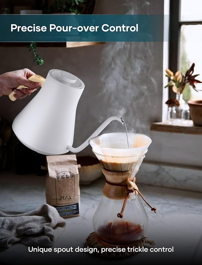 INTASTING Electric Kettles, Gooseneck Electric Kettle, ±1℉ Temperature Control, Stainless Steel Inner, Quick Heating, for Pour Over Coffee, Brew Tea, Boil Hot Water, 0.9L White