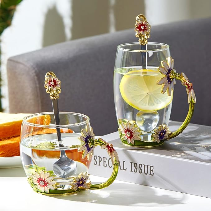 Glass Fancy Tea Cup Set Birthday Christmas Valentine's Day Gift Idea for Tea Lover and Women Novelty Coffee Mugs Rose Flower Enamel Glass Mug with Spoon Set