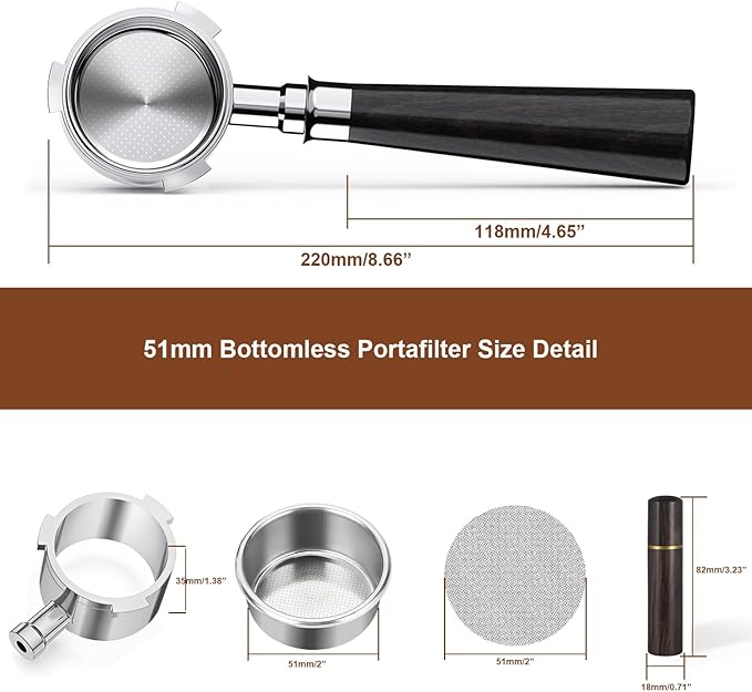 51mm Bottomless Portafilter 3 Ears with Puck Screen & WDT Tool, Stainless Steel Filter Basket, Compatible with Delonghi Dedica EC680/685/885, SMEG ECF01 & EUPA Espresso Machines