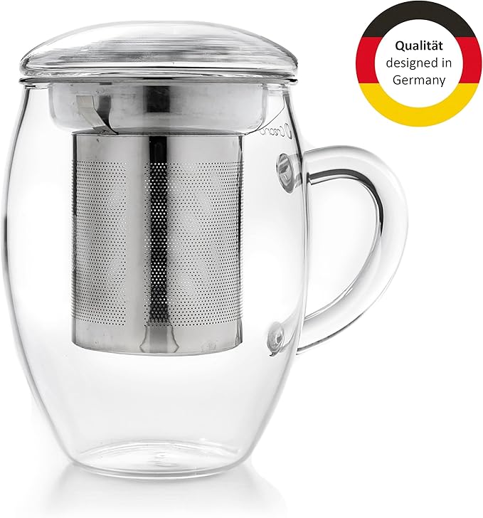 Creano Tea Glass with Stainless Steel Infuser & Glass Lid | 14oz Borosilicate Glass Mug