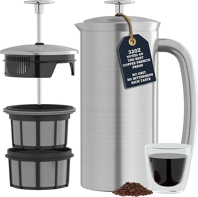 ESPRO P7 Brushed Stainless Steel French Press 304 – Patented Double Walled Micro-Filter Insulated French Press Coffee Maker, Grit-Free Brew - Heat Resistant BPA Free (32oz)