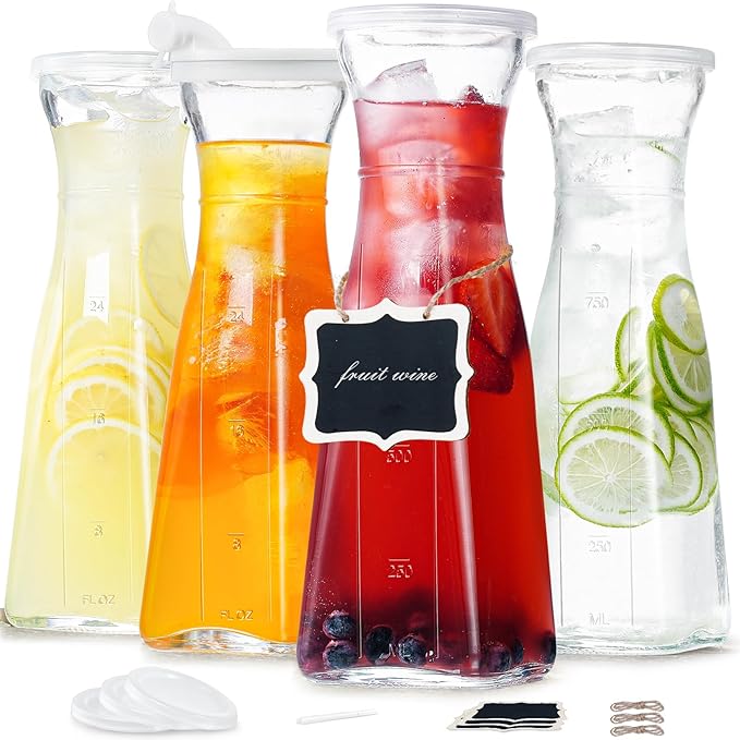 Glass Carafe, 1 Liter Carafe for Mimosa Bar, 4 Pcs, Square Pitcher with Lid and Spout, Drink Dispenser for Parties, Cold Water, Milk, Juice Container, Tea, Wine, Cocktails (6 Lids & 1 Spout)