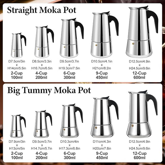 9 Cup Moka Pot Percolator Italian Coffee Maker 450ml Stovetop Espresso Mocha Stainless Steel Greca Coffee Maker Classic Cafe Makers Suitable for Induction Cookers Ceramic Stoves Straight