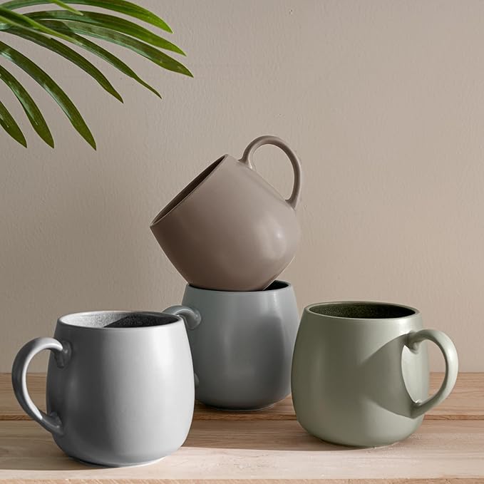 Ceramic Coffee Mugs Set of 6, 14oz - Modern Scandinavian Aesthetic Cup- Microwavable Stoneware Coffee Cups with Comfortable Handle - Tea Mug Set for Latte, Cappuccino, Soup - Soft Sage Green
