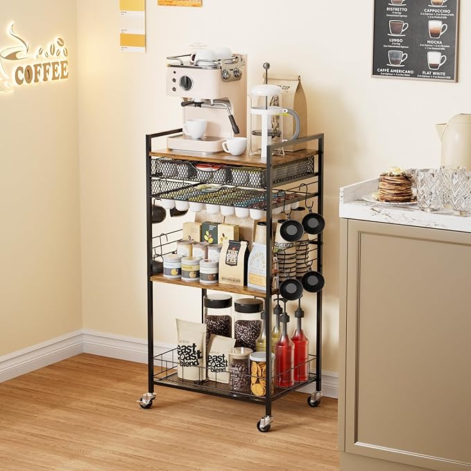 Coffee Bar Station with Storage Drawer - 5 Tier Coffee Table Countertop Organizer for K Cups, Tea Bags, Sugar Storage and Kitchen Cabinets (Brown)