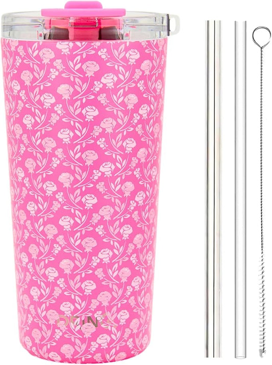Drinco - 20 oz Stainless Steel Tumbler | Double Walled Vacuum Insulated Mug With Lid, 2 Straws, For Hot & Cold Drinks (20oz Pink Rose)