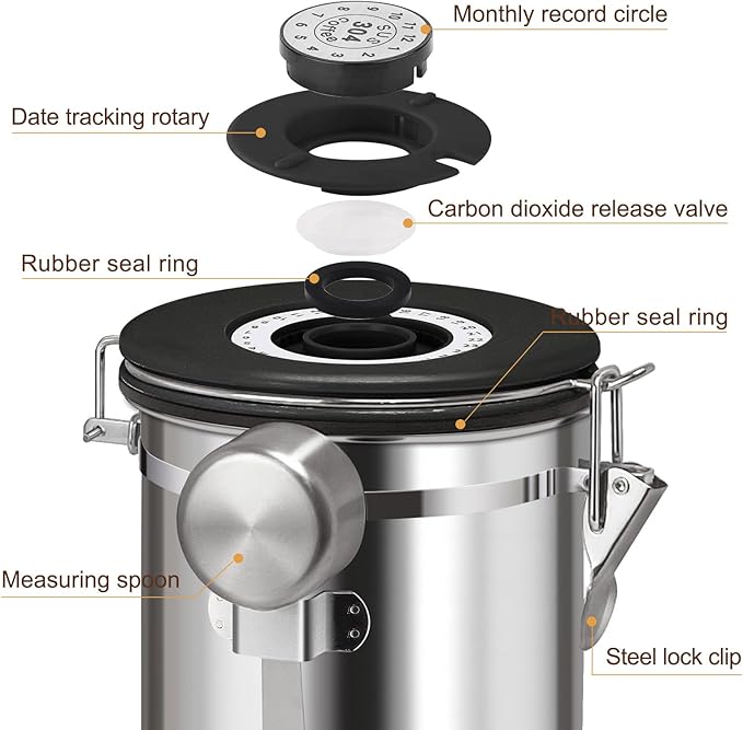 1.8L Airtight Vacuum Coffee Canister, Stainless Steel Storage Container for Coffee Beans and Grounds with Scoop.Suitable for coffee powder, coffee beans, rice, tea leaves, sugar, flour, and grains