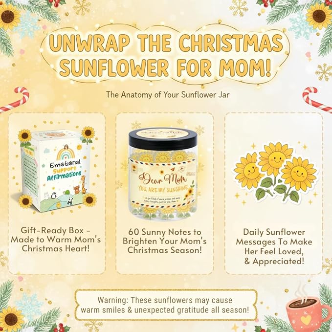 Positive Sunflower Jar with 60 Affirmation Cards, Uplifting Motivation Jar For Mom, Encouraging Sunflower Gifts For Mom Women, Emotional Support Gift, Funny Desk Decor, Gifts for Coworkers Women