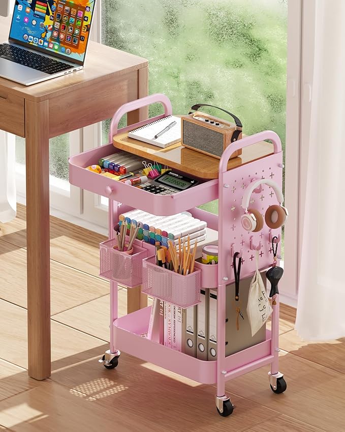 ALVOROG Rolling Cart with Drawer and Wood Table Top, 3 Tier Metal Rolling Utility Cart on Wheels with DIY Pegboards, Hanging Baskets,Hooks for Kitchen, Bedroom, Office, Craft Supplies
