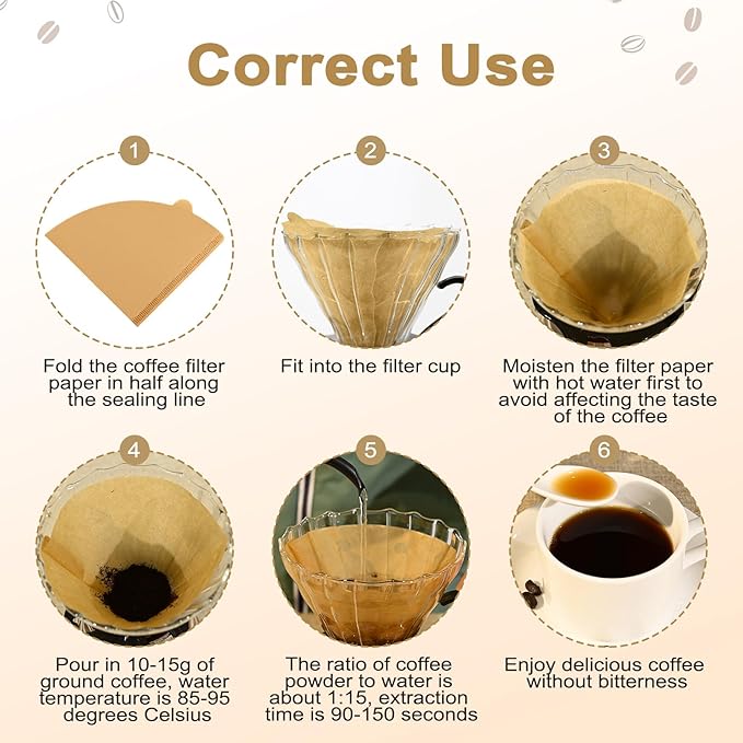Dingkei 200 Count Cone Coffee Filters Size 02, Coffee Filters 2 Cone Paper, Pour Over Filters Compatible with V60 Dripper and Drip Coffee Maker, Unbleached Natural Brown