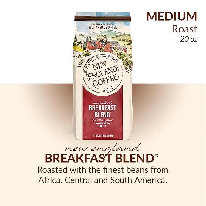 New England Coffee Breakfast Blend Medium Roast Ground Coffee, 20oz Bag (Pack of 4)