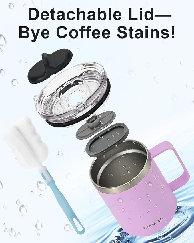 Insulated Coffee Mug 12 oz, Double Wall Stainless Steel Coffee Mug with Lids, Leak-Proof & Detachable Slider Lid for Thorough Clean, Keeps Coffee Cold for 9 Hrs, Suitable for Camp Home Office