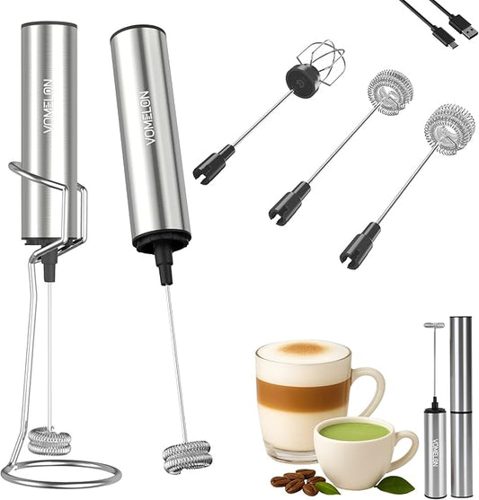 Rechargeable Milk Frother with Stand, Electric Whisks Foam Maker, POWERFUL USB C 2 Speed Handheld Drink Mixer for Coffee, Latte, Cappuccino, Matcha Drinks,Silver