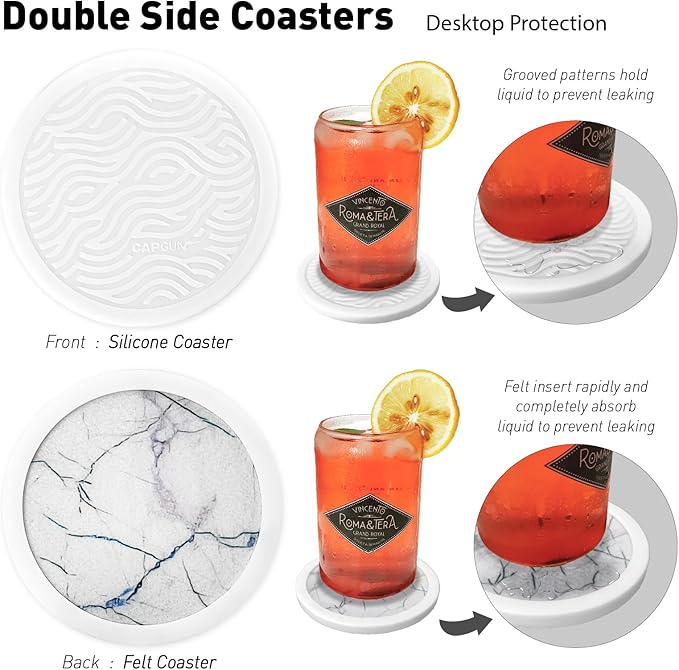 Set of 6 Non-Slip Silicone Coasters with Holder, Double-Sided Absorbent for Hot/Cold Drinks, Scratch & Water Ring Protection for Wood Tables, Home Office Bar, Black Gold Marble (White)