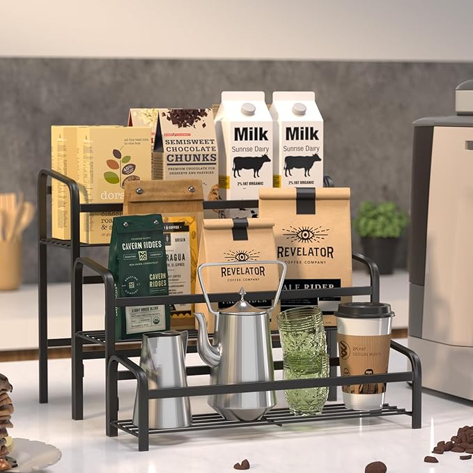 DTUQYX Coffee Syrup Organizer 3-Tier, 12 Bottles Capacity Coffee Syrup Rack, Metal Syrup Stand for Spice, Wine, Liquor, Bottle, Coffee Bar Station Racks Magnetic, No Installation, Black