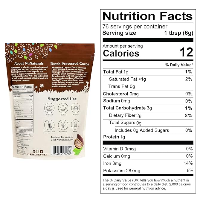 NuNaturals Cocoa Dutch Process Organic 10-12%, 1 lb 2 Pack