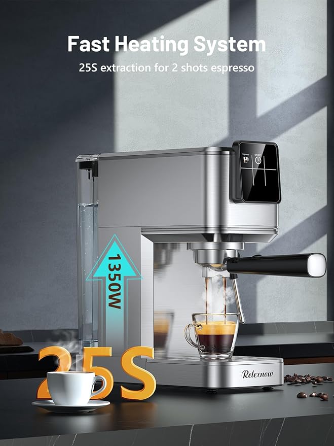 Espresso Machine, 20 Bar Espresso Maker Milk Frother & LCD Panel, Hot & Iced Coffee Machine, Stainless Steel Espresso Coffee Machine with 41oz Water Tank for Cappuccino, Latte