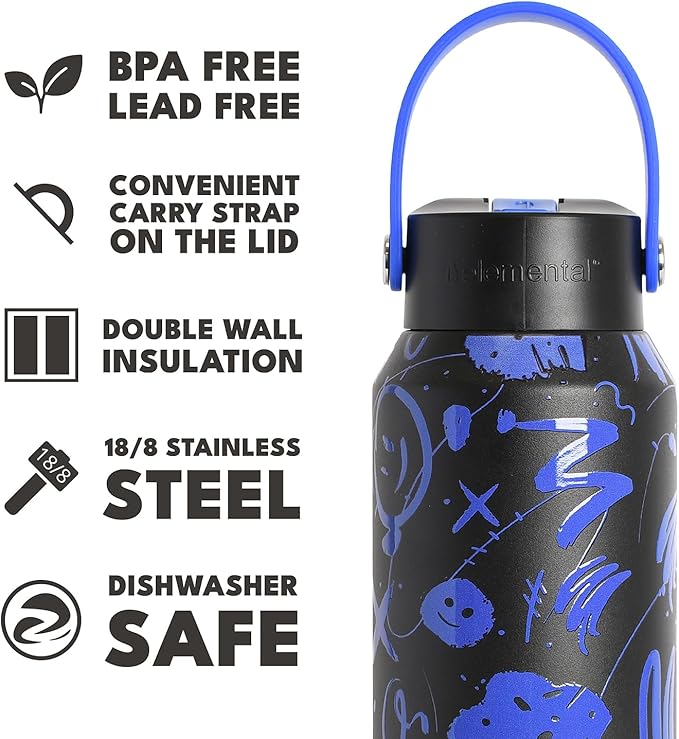 Elemental 40oz Insulated Water Bottle with Straw - 100% Leak-Proof Stainless Steel Core Water Bottles for Travel, Sports and Gym - Double Wall Insulation & BPA Free - Freestyle