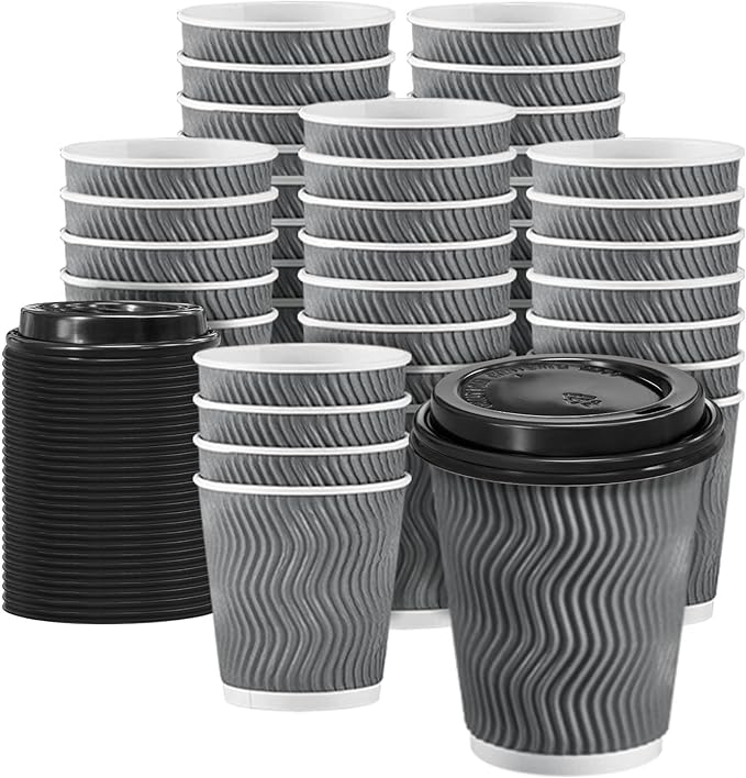 Clawsoff 100 Pack 8 oz Disposable Coffee Cups with Lids, Insulated Ripple Wall To-Go Paper Coffee Cups Suitable for Chocolate Cocoa and Hot/Cold Drinks (Grey)