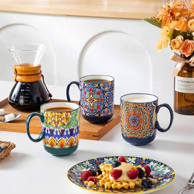 vancasso Boho Coffee Mugs Set of 6, 14 oz Ceramic Mugs with Handle, Colorful Porcelain Cups Microwave Dishwasher Safe, for Latte Tea Cappuccino Cocoa Hot Chocolate