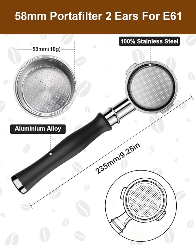58mm Bottomless Portafilter For E61, Flair 58, ECM, Rocket, Sanremo, Synesso, Slayer, VBM Espresso Machine, 2 Ears Bottomless Naked Espresso Portafilter with 18g Filter Basket and Puck Screen
