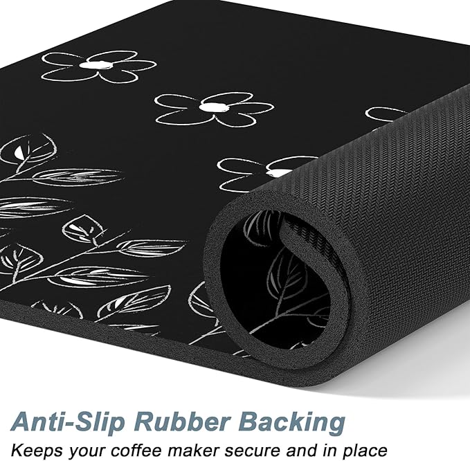 Rnivvi Coffee Mat, 12" x 19" Cute Coffee Bar Mats for Espresso Machine Station Accessories and Organizer, Hide Stain Rubber Backed Absorbent Dish Drying Pad for Kitchen Counter, Black White Flowers