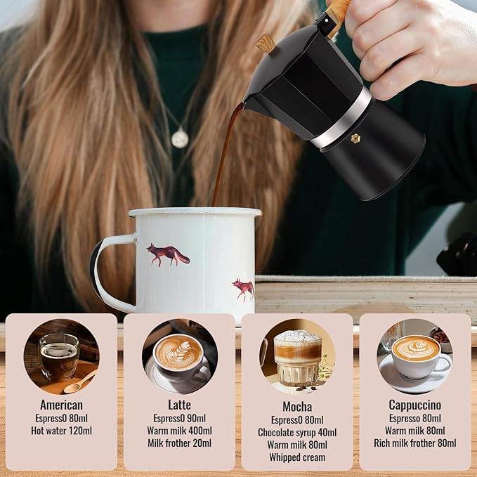 Vaolvpant 3 Cup Aluminum Moka Pot Classic Stovetop Espresso Coffee Maker 150ml 5oz Coffeemaker Percolator Mocha Pot Greca Coffee Maker Cafe Makers for Italian and Cuban Café Brewing Black