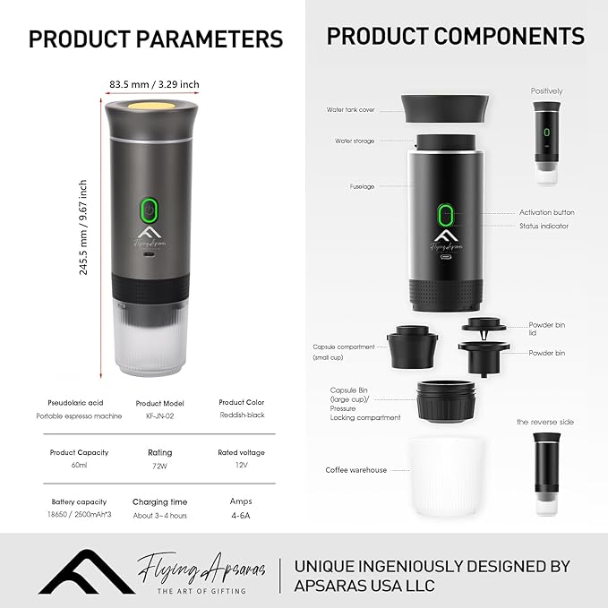 APSARAS USA Portable Coffee Maker for Travel, Portable Espresso Maker, 20 bar Mini Espresso Machine, 3in1 Travel Coffee Maker with Ground Coffee & Capsule(Ns&DG) for RV, Camping, Car