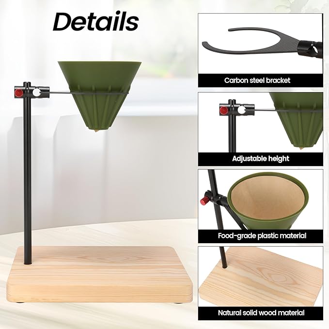 Pour Over Coffee Maker Set - Silicone Dripper, Ruggedly Elegant Solid Wood Base, Carbon Fiber Stand, 40 Filters - 4 in 1 Perfect for Home, Office and Outdoors