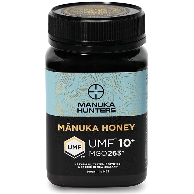 Manuka Hunters UMF 10+/MGO 263+ Certified New Zealand Manuka Honey - 100% Pure Natural Sweetener - Gluten, Dairy Free - Ideal for Tea, Coffee, Smoothies, and Baking - Sustainable - 1.1lb/500g Jar