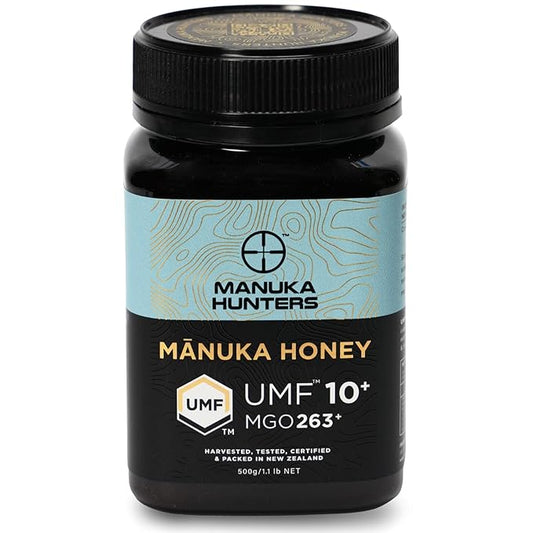 Manuka Hunters UMF 10+/MGO 263+ Certified New Zealand Manuka Honey - 100% Pure Natural Sweetener - Gluten, Dairy Free - Ideal for Tea, Coffee, Smoothies, and Baking - Sustainable - 1.1lb/500g Jar