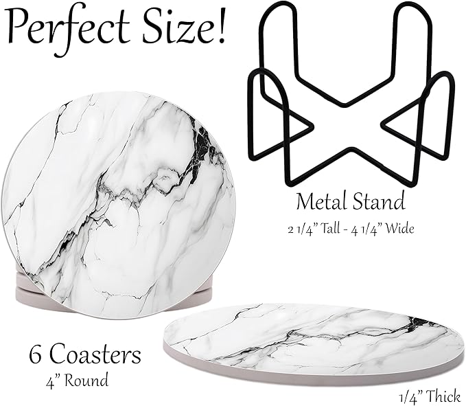 White Agate Marble Round Coasters Set of 6 - Abosrbent Ceramic Coasters with Metal Stand for Drinks, Coffee, Non-Slip Cork Back for Tabletop Protection, 4 Inches Marbled Pattern (Black)