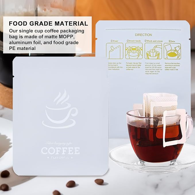 75 Pcs Coffee Filter Paper Bag with 75 Pcs Aluminum Foil Coffee Storage Packaging Bags Food Grade Disposable Drip Hanging Ear Drip Coffee Bag Perfect for Travel Camping Home and Office Use