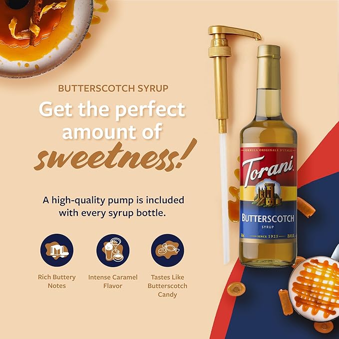 Torani Coffee Syrup, Butterscotch Flavoring for Drinks, Glass Bottle with Pump Included, 25.4 Fl Oz