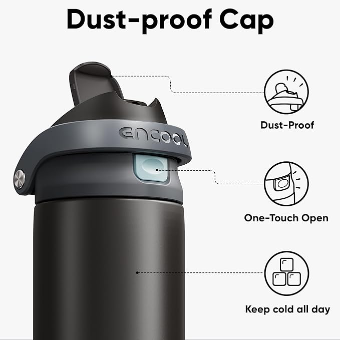 ENCOOL Leakproof Insulated Water Bottle with Straw Dual-Sip Water Bottle Bag-Safe Design for Work, Commute & Gym – Keeps Drinks Cold All Day, 40 oz, Charcoal Gray