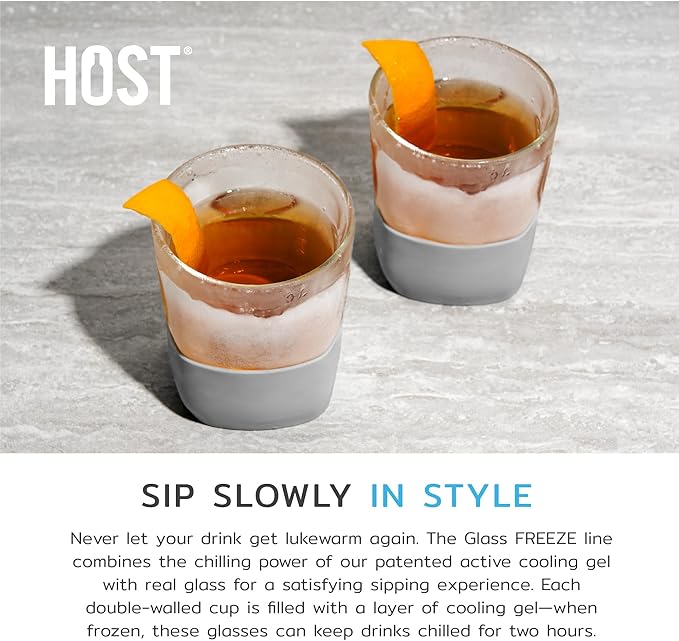 Host Glass Freeze Whiskey Cooling Glasses, Double Wall Glass Cups, Drink Tumblers for Whiskey Tumblers, Insulated Cup Drinkware, 9oz Glass Set of 2