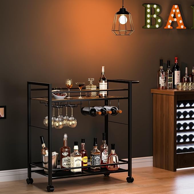 Bar Cart,Home Bar Serving Cart with Storage Shelves, 2 Tier Rolling Beverage Cart with Wheels, Modern Retro Brown Wine Cart with Wine Rack and Glass Holder for Kitchen, Dinning Room,Living Room