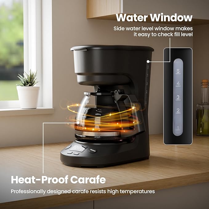 Kismile 5-Cup Drip Coffee Machine with LED Display, Small Coffee Maker with Anti-Drip, Timer, Auto Shut-Off, Dry-Boil Protection, Removable Funnel, Compact, Ideal for Home & Office (Black)
