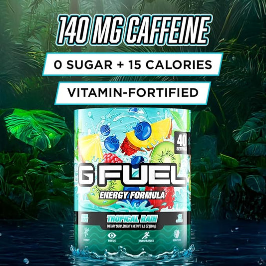 Gamma Labs G Fuel Tropical Rain Energy Drink Powder, Pre Workout Caffeine Mix for Gaming, Sugar Free Focus Amino, Vitamin + Antioxidants, 9.8oz Fruit Medley, 40 Servings